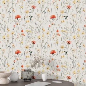 Delicate Wildflower Wallpaper, Watercolor Peel and Stick, Minimalist Floral Design, Nature-Inspired Decal, Serene Accent Wall, Easy to Apply