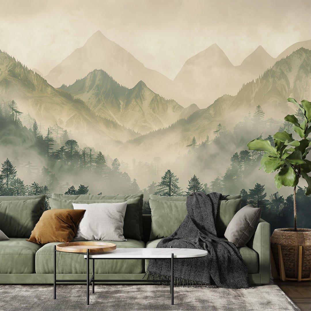 Dramatic Mountain Landscape Wall Mural, Misty Sky Peel and Stick, Green ...