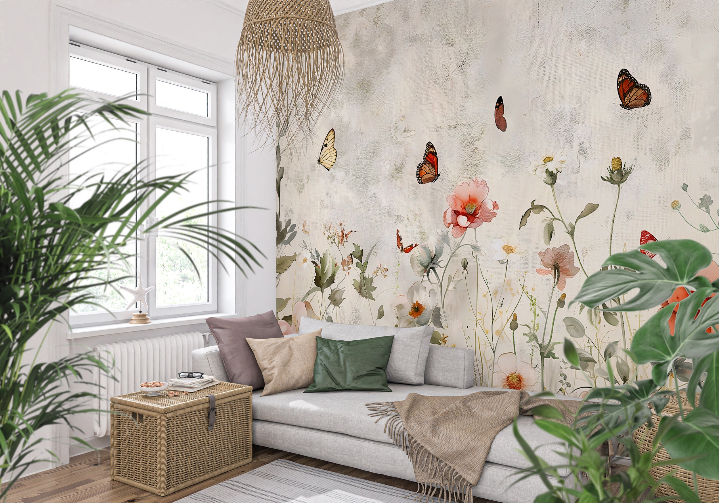 Accent Wall Wild Meadow Flowers Mural, Minimalistic Floral Wallpaper ...