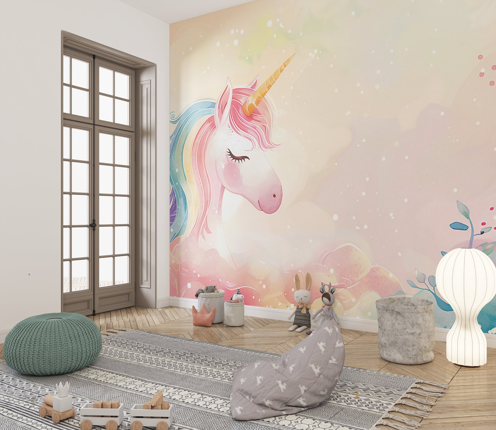 Cute Rainbow Unicorn Wall Mural, Magical Nursery Wallpaper, Playroom ...