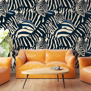 Carta da parati con stampa zebra astratta, decorazione da parete con stampa animale alla moda, moderna stravagante stacca e attacca, parete decorativa elegante in bianco e nero