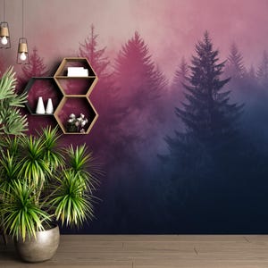 Serene Misty Forest Mural, Mystical Foggy Landscape, Pink and Purple Nature Wallpaper, Peel and Stick, Moody Design, Accent Wall Decal