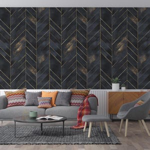 Carta da parati con motivo a zig zag grigio antracite, piastrelle rimovibili eleganti, accenti geometrici, design vintage stacca e attacca, design moderno a spina di pesce