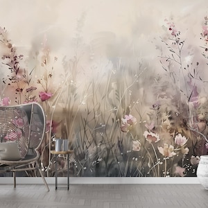 Watercolor Flower Field Mural, Self-adhesive Soft Beige Floral Wallpaper, Wild Field Flowers Mural, Accent Wall Botanical Wallpaper