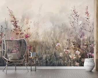 Watercolor Flower Field Mural, Self-adhesive Soft Beige Floral Wallpaper, Wild Field Flowers Mural, Accent Wall Botanical Wallpaper