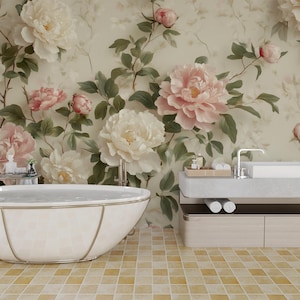 Carta da parati floreale vintage, peonia bianca e rosa, elegante stacca e attacca, dimensioni personalizzate, parete decorativa senza tempo, murale classico, shabby chic
