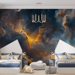 Carta da parati murale con nebulosa arancione e blu, carta da parati cosmica, design da parete luminoso, arte spaziale, spazio realistico, facile da applicare, staccare e attaccare