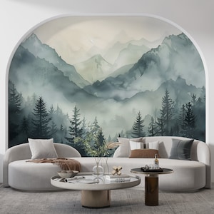 Green Mountains Wall Mural, Watercolor Foggy Forest and Mountains Wallpaper, Peel and Stick Nursery Accent Wall, Trendy Mural, Custom Size
