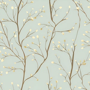 Delicate Botanical Wallpaper, Pale Blue Peel and Stick, Removable Leaves and Branches, Elegant Wall Design, Self-Adhesive