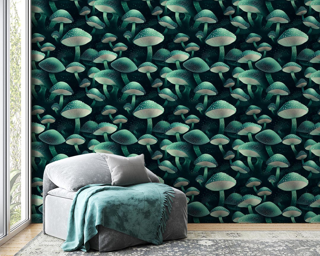 Enchanted Forest Mushroom Wallpaper, Dark Green Toadstool Mural ...