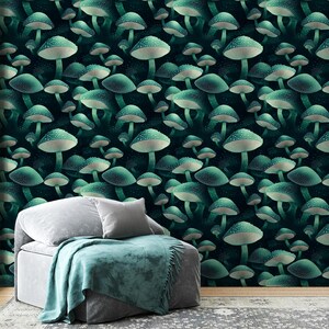 Enchanted Forest Mushroom Wallpaper, Dark Green Toadstool Mural, Whimsical Nature-Inspired Peel and Stick, Fairycore Cottagecore Decor