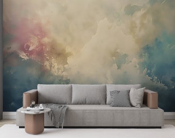 Abstract Art Wall Mural, Peel and Stick Gips Design Wallpaper, Beige en Blauw Abstract Accent Wall Decor, Aquarel Verwisselbare Kunst