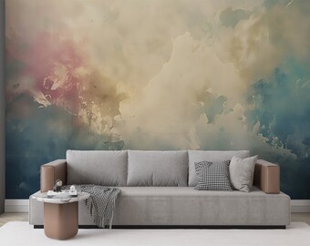 Decorazione murale di arte astratta, carta da parati con design in gesso staccabile e incollabile, decorazione murale con accenti astratti beige e blu, arte rimovibile ad acquerello