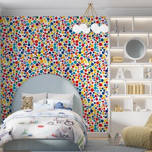 Carta da parati a pois rosso brillante, blu e giallo, design giocoso per la cameretta dei bambini, carta da parati colorata staccabile e attaccabile, decalcomania unisex per la cameretta dei bambini, parete decorativa senza PVC