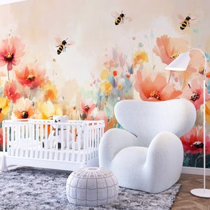 Aquarelle pour chambre de bébé, papier peint floral rêveur, fleurs sauvages et abeilles pour chambre d'enfant, sticker amovible mignon pour chambre de bébé, facile à appliquer