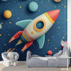 Playful Kids Room Wall Mural, Rocket, Stars, and Planets Peel and Stick, Cartoon Space Decal, Colorful Nursery Accent Wall, Easy to Apply