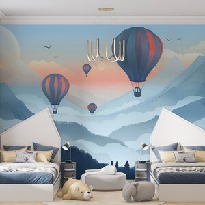Murale di montagna blu acquerello, murale di mongolfiere, carta da parati con paesaggio per bambini, decorazione per la cameretta dei bambini con mongolfiere