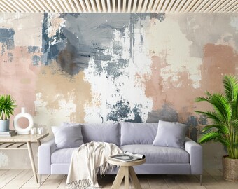 Vintage Oil Painting Wall Mural, Abstract Muted Tones Peel and Stick, Modern Pastel Decor, Brush Strokes Wallpaper, Beige and Gray Design