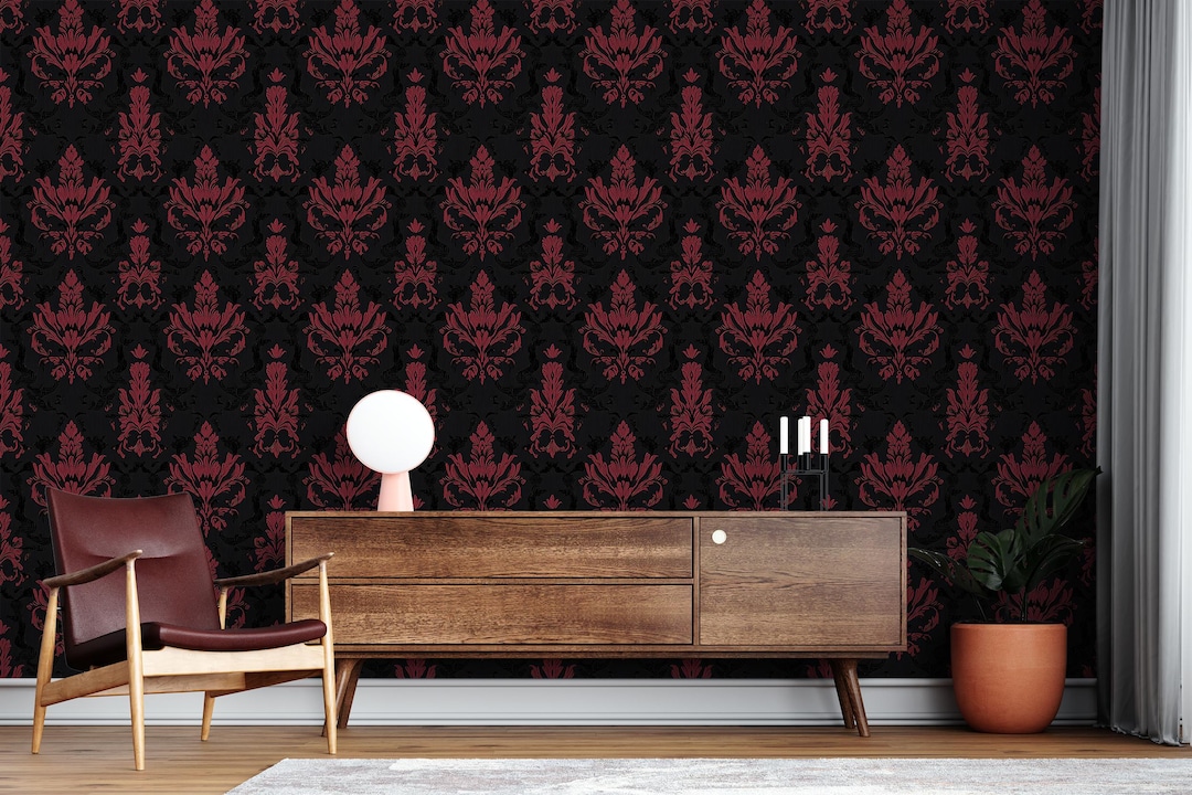 Gothic Damask Wallpaper, Black and Red Baroque Design, Vintage ...