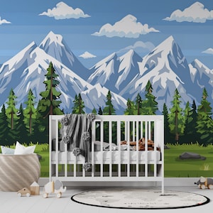 Mural de paisaje de guardería colorido, mural de naturaleza de estilo de dibujos animados para pared con acento para habitación de niños, papel tapiz de montañas y bosques despegable y adhesivo