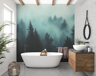 Foggy Pine Forest Mural, Moody Peel and Stick, Misty Landscape Wallpaper, Dark Green Decal, Dark Pine Trees, Easy to Apply Accent Wall
