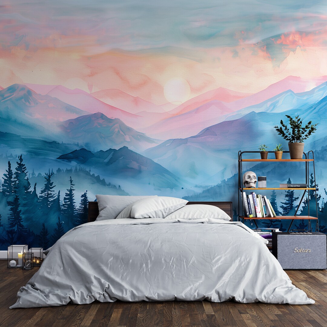 Serene Mountain Landscape Mural, Sunset Sky and Misty Forest, Soft ...
