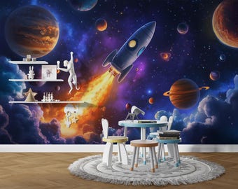 Colorful Space Mural, Kids Room Rocket Wallpaper, Planets and Stars Peel and Stick, Removable Wall Decor