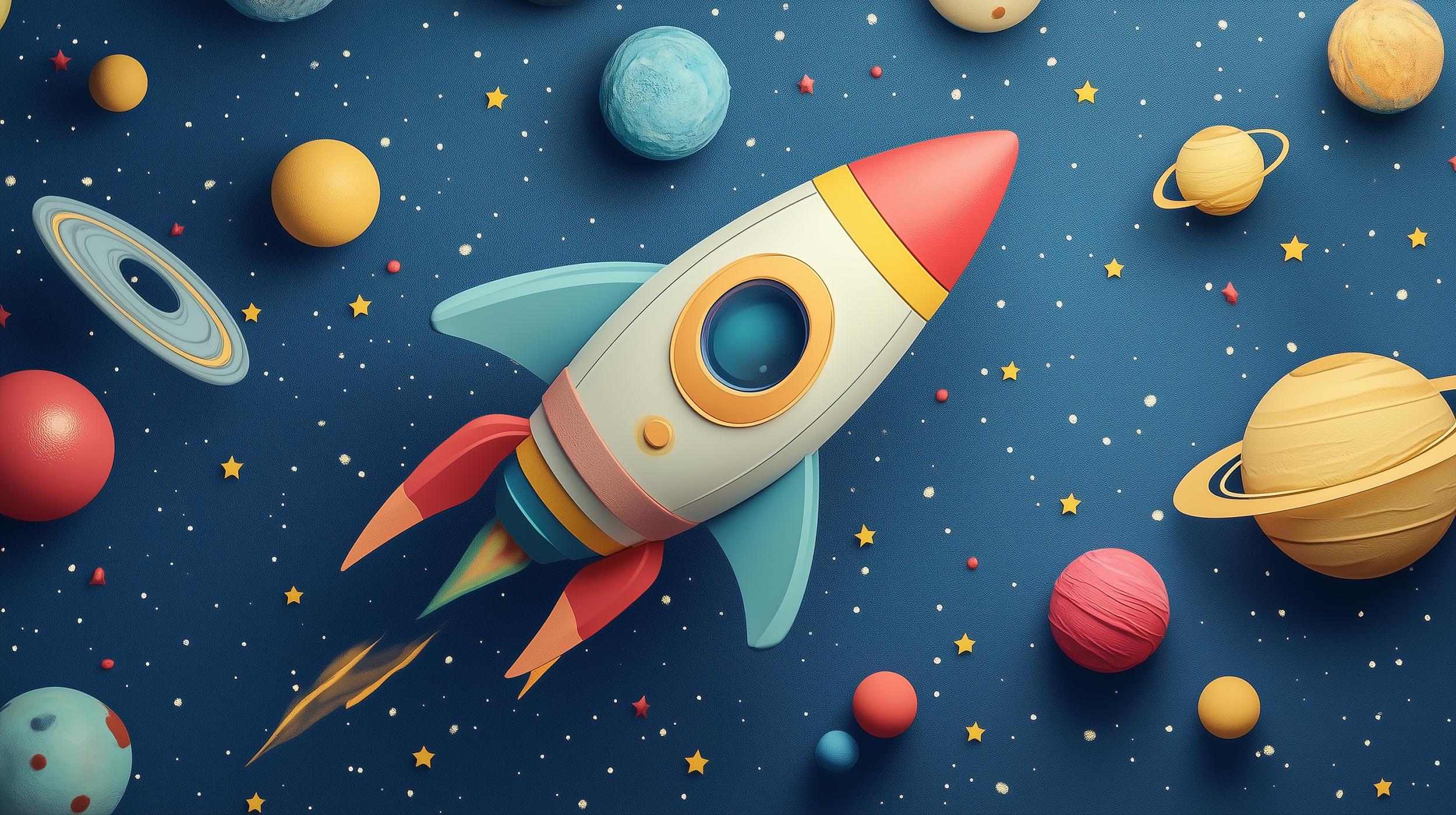 FUFUQUARE Cartoon Planet Wall Stickers - Removable Vinyl Decals For Kids Room, Nursery, Living Room, 30x60 Cm Set (Stars & Rocket)