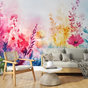 Papier peint floral coloré, décoration murale aquarelle vibrante, papier peint inspiré de la nature, mur d'accent facile à poser et à enlever, auto-adhésif