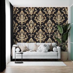 Black Vintage Wallpaper, Classic Damask Style Peel and Stick, Elegant Accent Wall, Luxurious Wall Decor, Unique Timeless Design