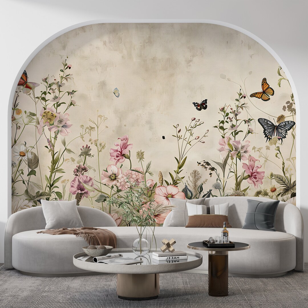 Abstract Flower Field Mural, Beige Botanical Wallpaper, Peel and Stick ...