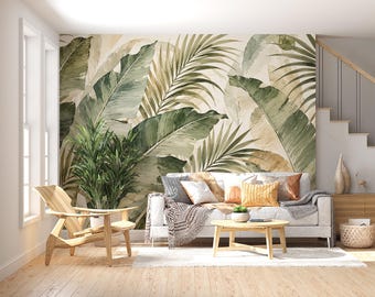 Tropical Watercolor Mural, Peel and Stick Wallpaper, Pre-pasted Design, Palm Tree Print, Banana Leaves Accent Wall
