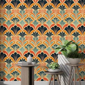 Carta da parati con motivo a ventaglio Art-Deco, stacca e attacca retrò dai toni caldi, parete con accenti arancioni e blu, stile vintage, design senza tempo, decalcomania senza PVC
