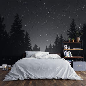 Monochrome Night Sky Mural, Dark Forest Peel and Stick, Starry Sky and Pine Trees, Moodyl Nature Decal, Custom Size Removable Wallpaper