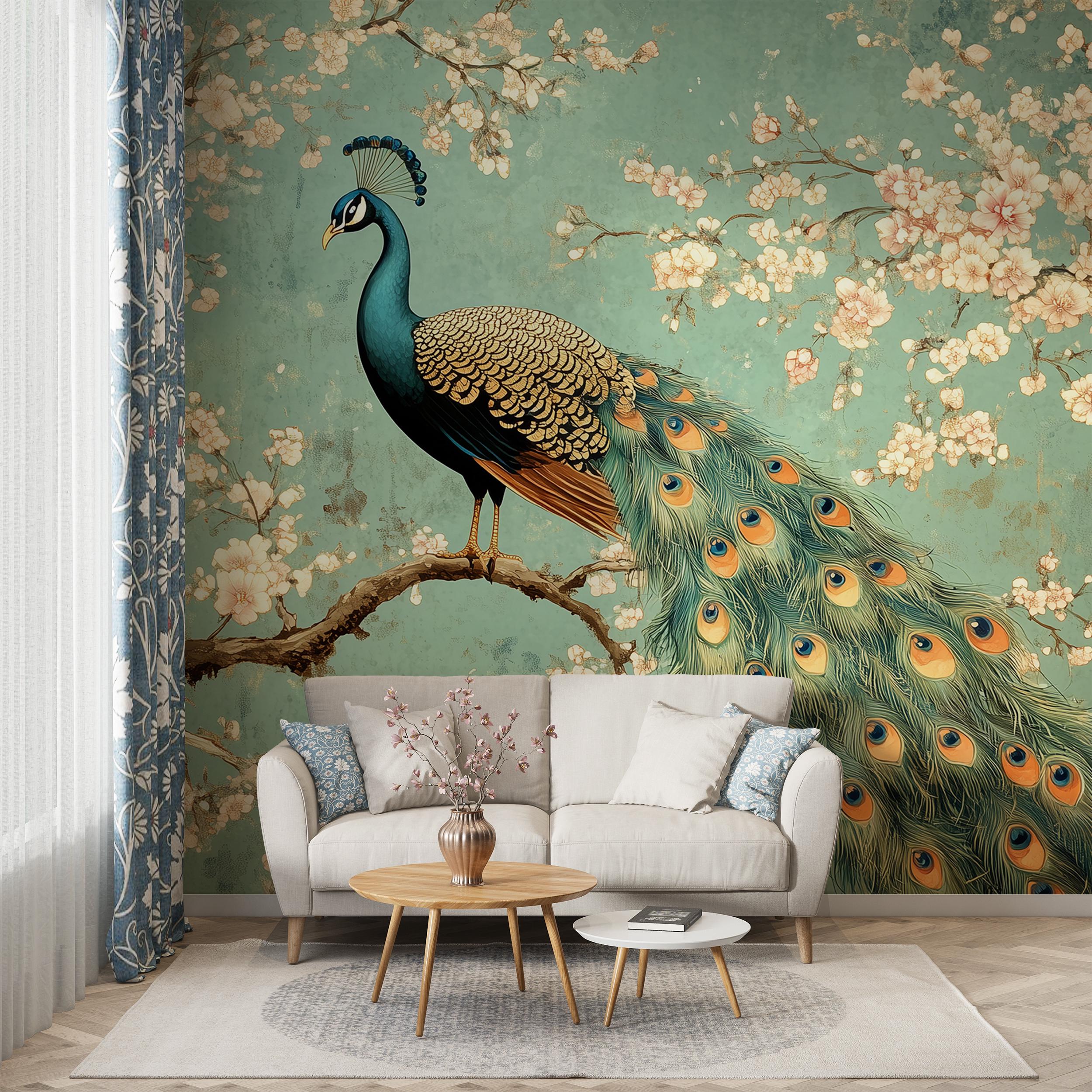 Vintage Peacock Wall Mural, Timeless Cherry Blossom Chinoiserie