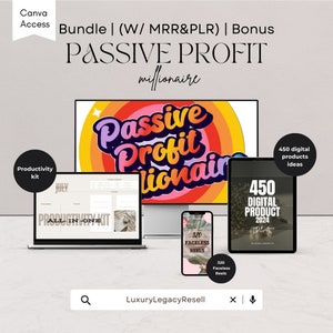 May include: Digital product bundle featuring the text "PASSIVE PROFIT millionaire" on a computer screen. Includes a laptop with a "Productivity kit" and a smartphone with "320 Faceless Reels". A tablet displays "450 Digital Product 2024 Ideas".