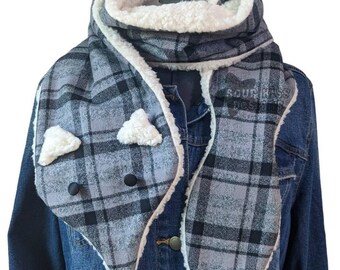 Adorable Wolf Scarf - Gray Plaid Flannel, Super Soft Comfy and Warm