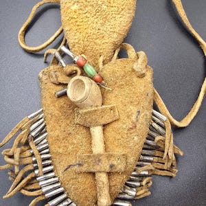 Vintage Native American Medicine Bag | Buckskin Leather Pouch with Tin Cone Fringe | Pipe, Beads & Charms | Shaman Bag | ~8 Inches