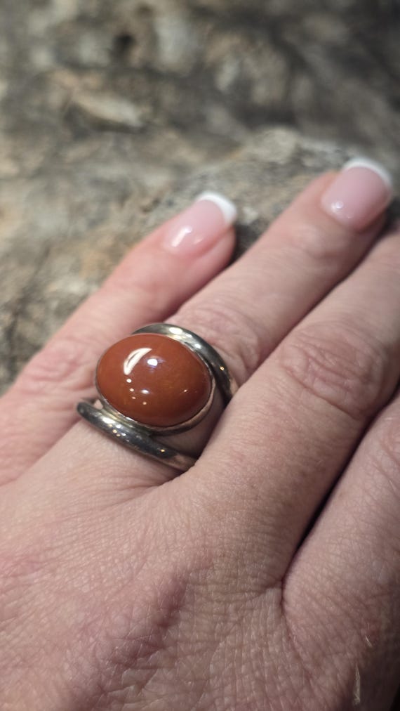 Genuine natural Mexican fire opal cabochon ring hand-forged sterling silver 1950's  Size 9