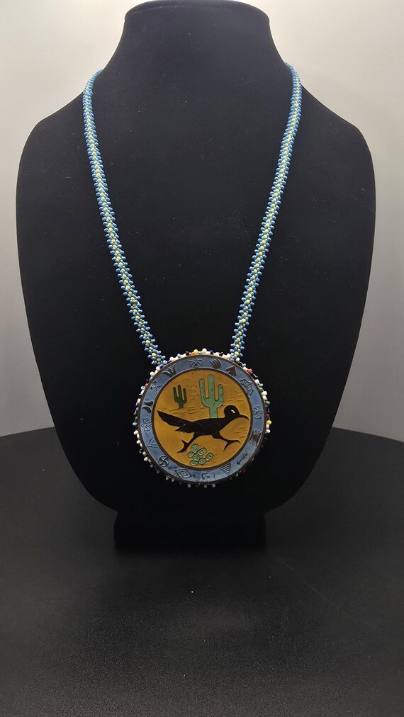 Vintage Native American Style Enamel Roadrunner M… - image 1