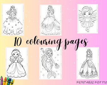 princess colouring pages for kids, printable colouring sheets, activity pages for kids, girl colouring pages, digital download, 8.5x11"