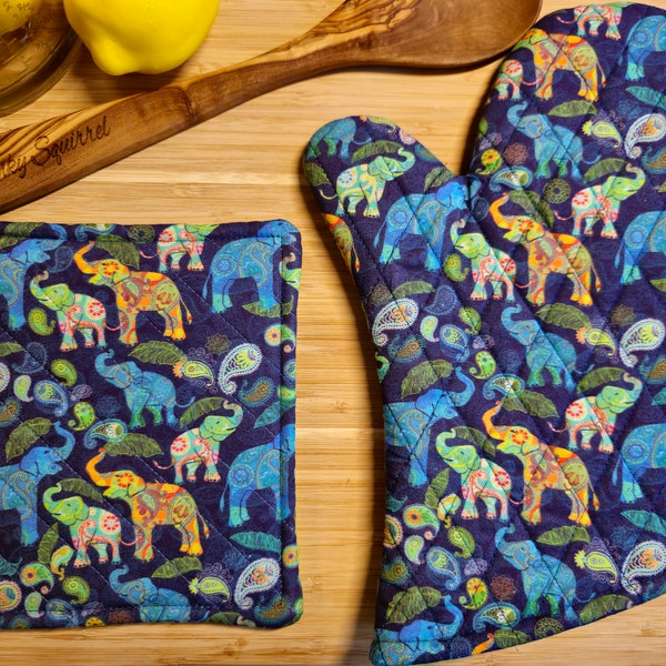 Oven Mitt, Potholder, elephant, blue, green, set, handmade, cute, quilted, lined, gift, kitchen