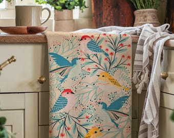 Handmade Linen Cotton Kitchen Towel, Colorful Bird Print