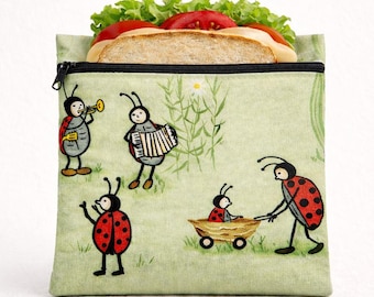 Handmade Reusable Sandwich Bag, Waterproof PUL Lining, Lady Bug Print, Zippered Snack Bag