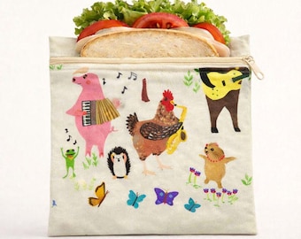 Handmade Reusable Sandwich Bag, Waterproof PUL Lining, Animal Print, Zippered Snack Bag