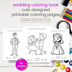 Könnte beinhalten: Ein druckbares Malbuch mit 60 Seiten mit niedlichen Illustrationen zum Thema Hochzeit. Das Cover zeigt ein Brautpaar beim Tanzen, einen Bräutigam im Anzug und eine Braut im Hochzeitskleid.