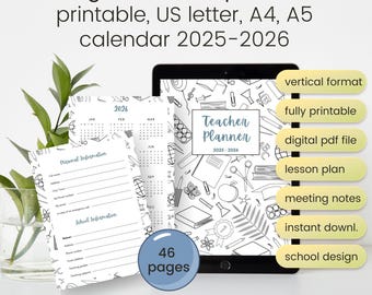 Digitaler Lehrerplaner 2025-2026: Minimalistisches PDF, 46 Seiten (Digitaler Download)