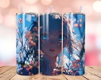 Envoltura para vaso de chica anime: Diseño floral de 20 oz (descarga digital)