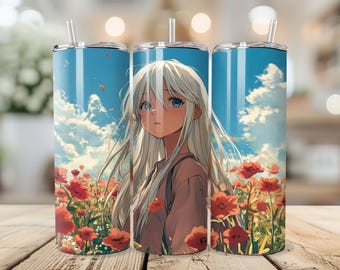 Envoltura para vaso de chica anime: Diseño floral, vaso delgado de 593 ml (descarga digital)