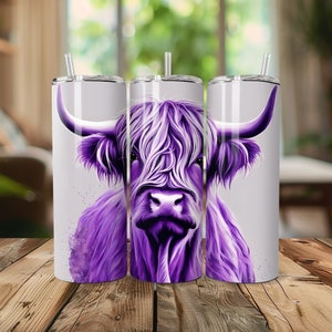 Lila Highland Kuh Becher Wrap, 20 Unzenr dünner Becher gerade und konisch, beliebte Kuh Wrap, niedliche Highland Kuh, digitaler Download PNG
